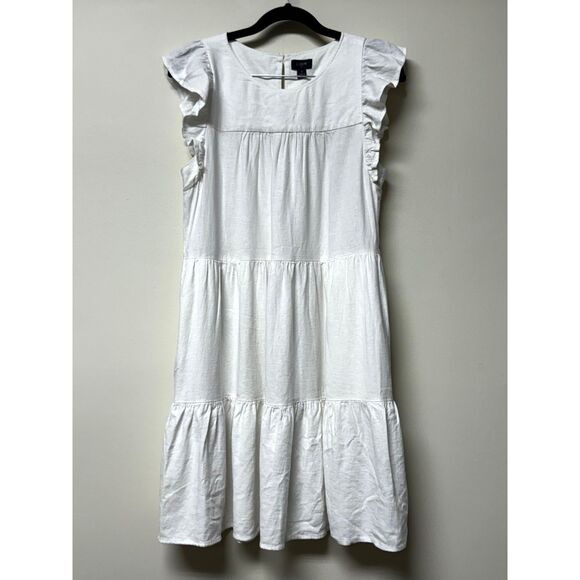 J. CREW FACTORY Linen Blend Tiered Ruffle Sleeve Mini Dress, White, Sz 2 - Picture 2 of 10